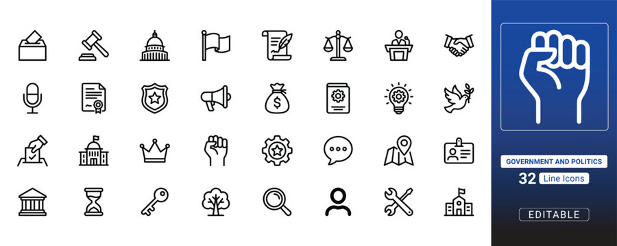 Government and politics silhouette icon set for editable designs