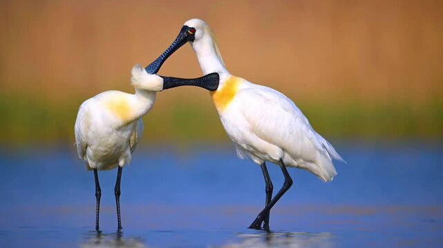Two elegant spoonbills standing in vibrant blue wetland water, preening feathers against a warm golden bokeh background.