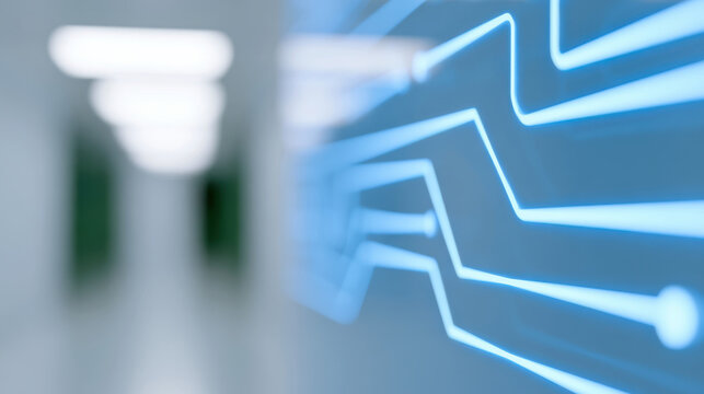 Transparent blue circuit interface glowing on glass wall with futuristic technology and digital connection concept