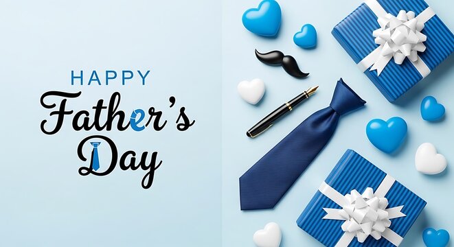 Happy fathers day celebration with gifts, tie, pen, and hearts on blue background