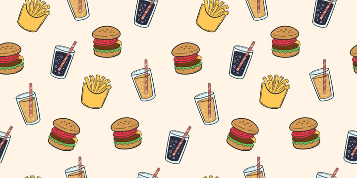Colorful Fast Food Seamless Pattern with Burger Fries and Soda Cute Junk Food Background
