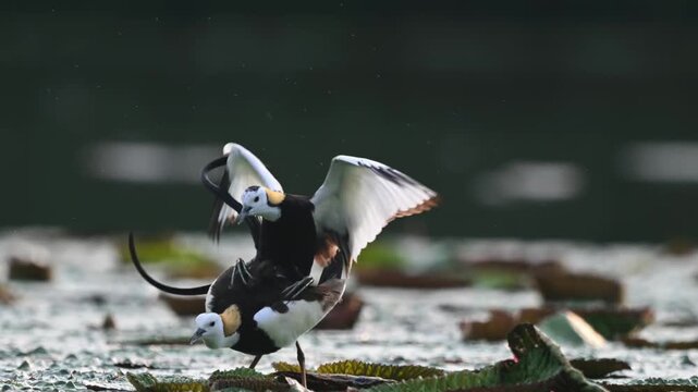 Rare wildlife behavior showing a pair of Pheasant-tailed Jacanas mating on floating lily pads in a serene wetland environment.