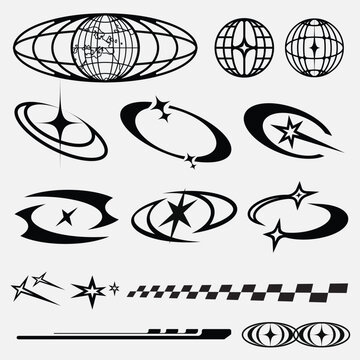Y2K Futuristic Space Elements Set with Retro Orbit Stars and Globe Shapes Vector Collection