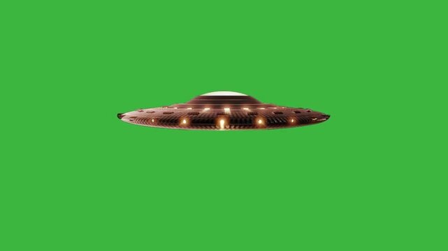 UFO Flying Saucer Rotating on Green Screen Background - 3D Alien Spaceship Isolated for Chroma Key