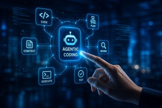 Business hand interacting with agentic coding artificial intelligence interface, futuristic software development automation system with holographic programming dashboard, AI coding assistant workflow 