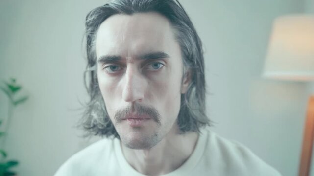 Loneliness with mustache comical: A man with long dark hair and mustache sitting indoors in soft lighting, looking seriously into the camera in a calm room with a potted plant and lamp