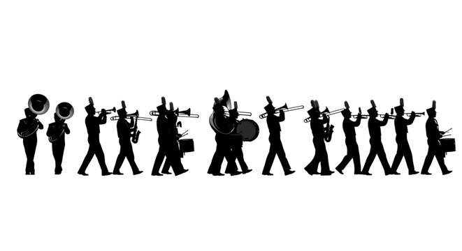 Silhouette of a marching band performing in a line playing various musical instruments in unison on white background