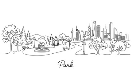 Obraz premium Minimalistic Line Drawing of Urban Park with City Skyline and Nature Elements