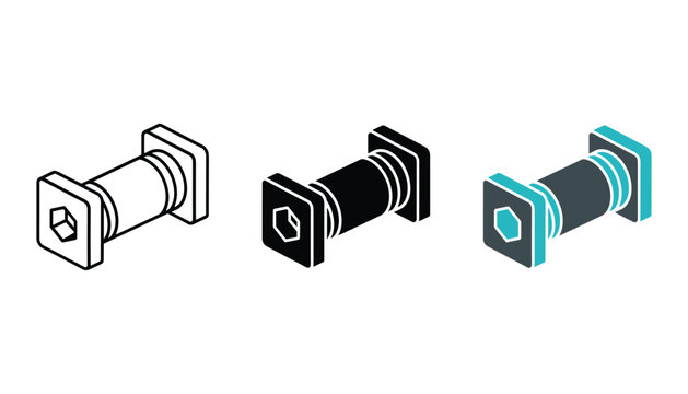 Isometric mechanical bolt and nut fastener icon set showing industrial hardware components in outline and solid vector styles for engineering technical drawings and product design assets