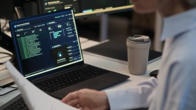 Handheld shot of focused middle-aged Caucasian woman reviewing document while working on computers with cybersecurity software and programming codes in office