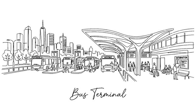 Modern city bus terminal with multiple transportation options and diverse travelers in an urban environment