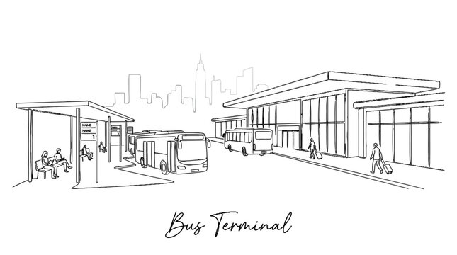 Modern bus terminal with sleek architecture and urban transportation scene highlighting commuters and transit vehicles in a city