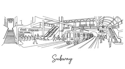 Fototapeta premium Illustrative line drawing of modern urban subway station with escalators and passengers