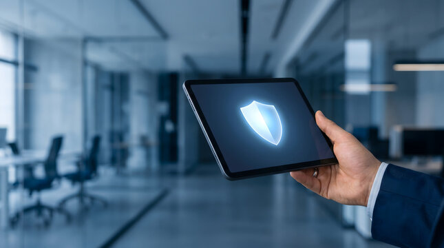 Hand holding tablet with glowing shield icon for digital insurance and cybersecurity protection