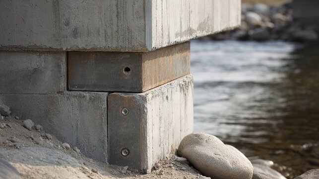 abutment. Close-up detail of a solid concrete bridge abutment connecting to a riverbank. mobility guides, transit brochures, designed for transport & logistics marketing.