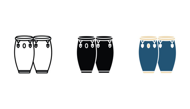Set of three conga drums shown in outline solid black and flat color styles for percussion musical instrument icons