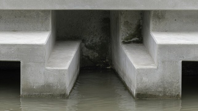 abutment. Close-up detail of a solid concrete bridge abutment connecting to a riverbank. mobility guides, transit brochures, designed for transport & logistics marketing.