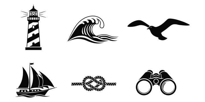 Set of nautical icons, lighthouse, wave, seagull, sailboat, rope knot and binoculars, flat vector illustration perfect for summer.