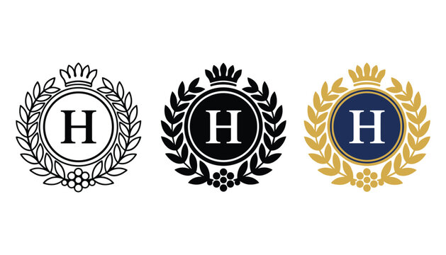Luxury circular monogram logo with letter H featuring laurel wreath and crown in outline black and gold styles