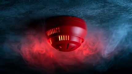 Fototapeta premium A smoke detector with a red light emitting a signal in a dark and smoky environment for safety.