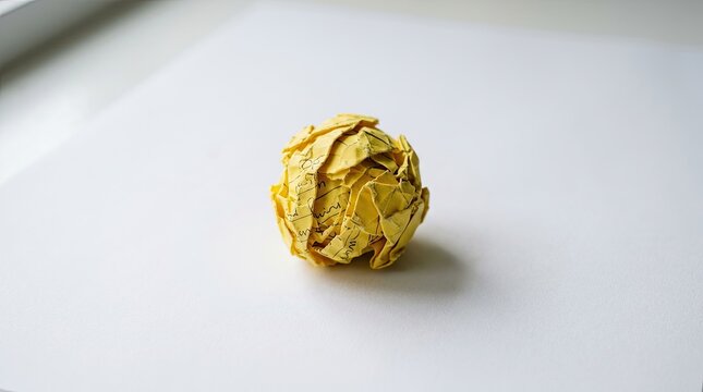 Frustrated writer's crumpled yellow paper ball a symbol of writer's block creative stagnation and the arduous process of idea generation casting a soft shadow on a clean white surface under gentle