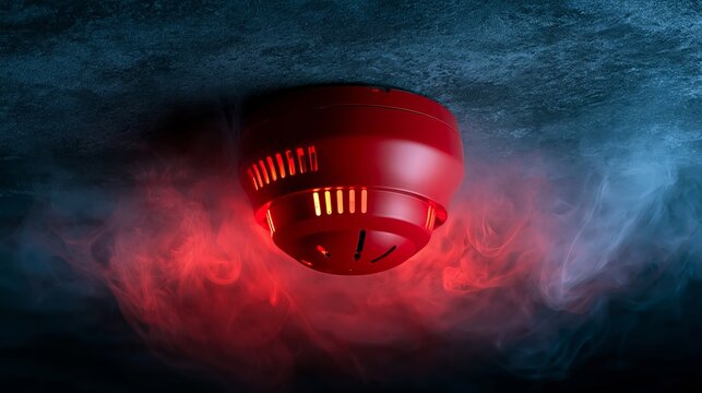 A smoke detector with a red light emitting a signal in a dark and smoky environment for safety.