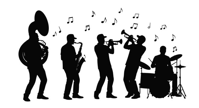 Silhouettes of jazz musicians playing musical instruments with notes on white background
