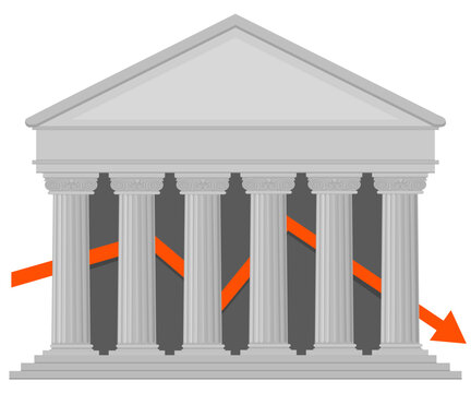 Classical bank building with a falling orange arrow chart symbolizing financial loss, market crash, economic downturn, and banking instability. (cut out)