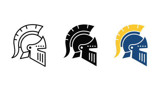 Set of three spartan helmet icons in outline silhouette and flat colored design styles for historical warrior and sports mascot branding concepts isolated on white background