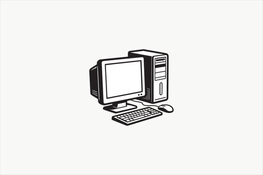 Retro desktop computer illustration in flat vector style, perfect for technology, office, vintage PC, digital workspace, and hardware themes. Vector illustration.