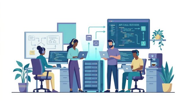 Server Integration: Developer team testing API calls in tech office
