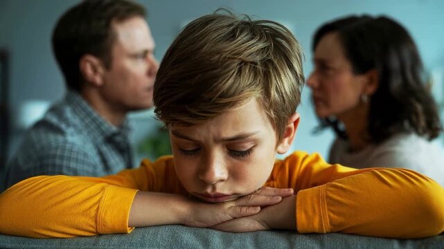 Sad boy leaning on couch with worried parents blurred in background inside a home setting.