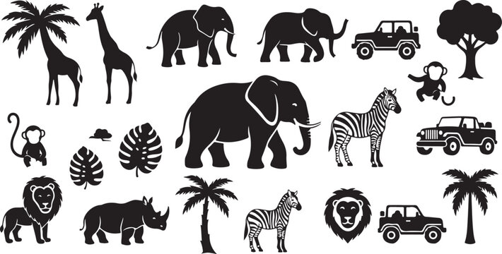 Safari Animals and Vehicles in Black Silhouettes