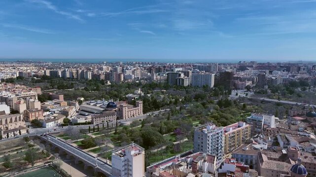 Aerial Drone View of Turia Gardens and Valencia City Center Spain
