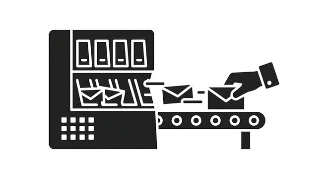 Mail sorting machine icon, automatic letter processing concept