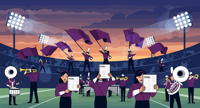 Marching band performing on stadium field with flags and music at sunset