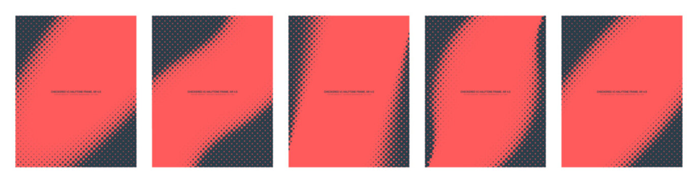 Vector red black checkered halftone pattern set in vertical 4:5 aspect ratio including assorted diagonal frames. Different half tone retro design elements bundle: oval, twisted, angled, curved borders