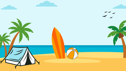 Camping tent with a surfboard and beach ball on a sunny sandy beach, with palm trees and a blue ocean sea under a clear sky in a colorful summer holiday vacation vector illustration © Lepe PNG