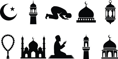 Islamic religious silhouette collection featuring mosques, minarets, crescent moon, lanterns, and prayer figures in elegant black vector design © MSTShahanaz