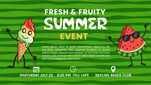 Fresh and fruity summer event banner with cartoon ice cream and watermelon characters on a green striped background for a fun beach party invitation flyer design template