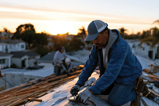 Dedicated Craftsman Meticulously Fastens Roofing Materials on Home, Golden Sunset Lighting, Balance Between Work and Natural Beauty, Roofing Construction Scene