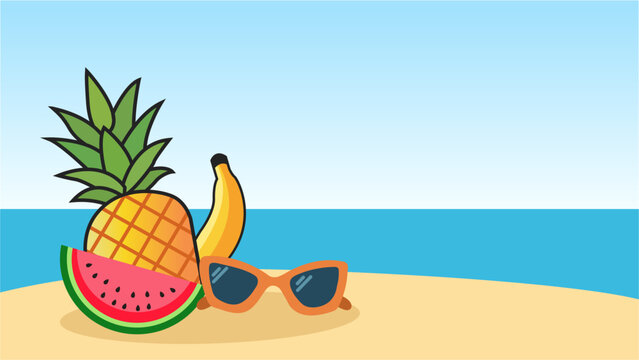 Fresh pineapple banana and watermelon slice with orange sunglasses on a sandy tropical beach during a sunny summer day for a fun vacation vibe