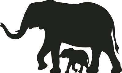Majestic elephant mother and baby silhouette walking together, symbolizing love, protection, and wildlife family bond on white background for design © MSTShahanaz