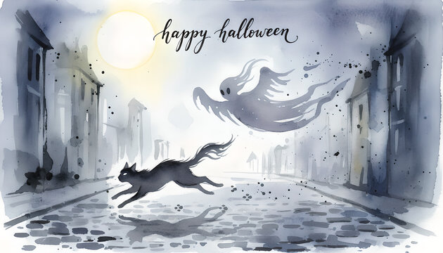 Artistic halloween poster with running kitten and spooky spirit