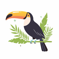 Obraz premium Stylized Toucan Bird Perched on a Branch with Tropical Leaves
