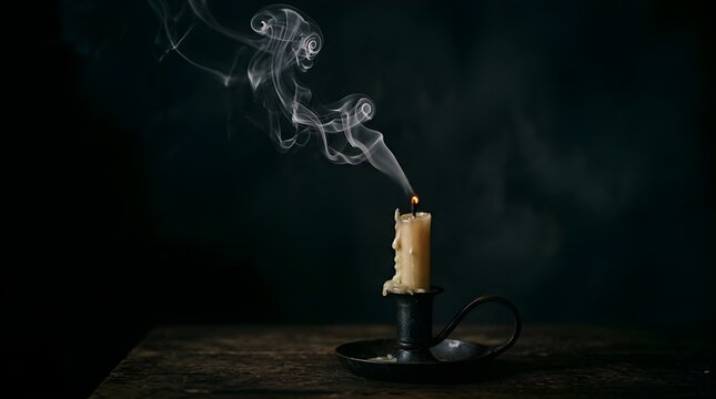 A nearly extinguished candle with smoke rising from the wick on a dark background