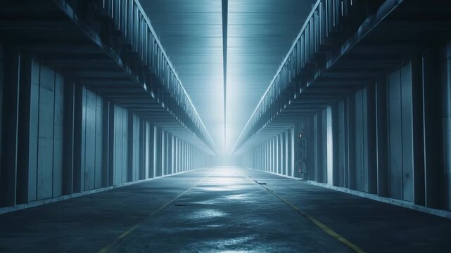 Long futuristic concrete tunnel creating a dramatic perspective with bright light at the end, representing science fiction, progress, success, and the unknown