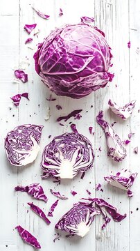Freshly cut purple cabbage on white wooden surface for cooking and recipe preparation