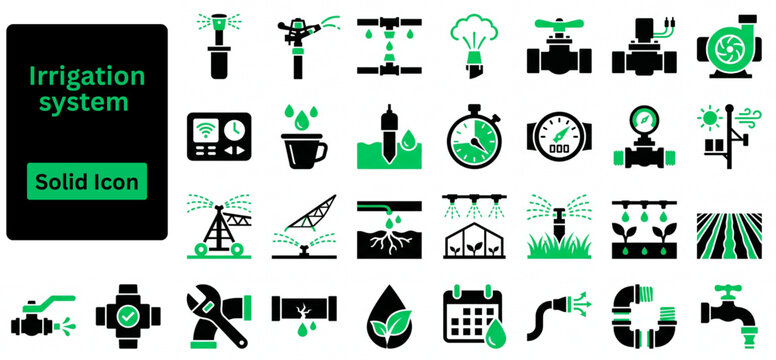 Solid vector of Irrigation system icons set. Irrigation system solid icons set. Agricultural irrigation systems, center pivot, drip, sprinkler head, surface irrigation vector icons