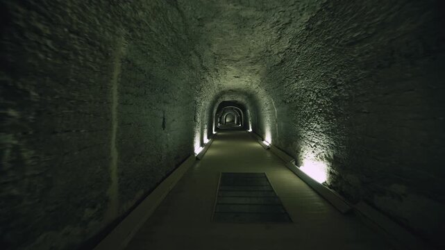 Dark underground corridor with stone arches leading to massive granite sarcophagus inside Serapeum of Saqqara, Egypt, dramatic warm lighting on ancient rock-cut tunnel walls.